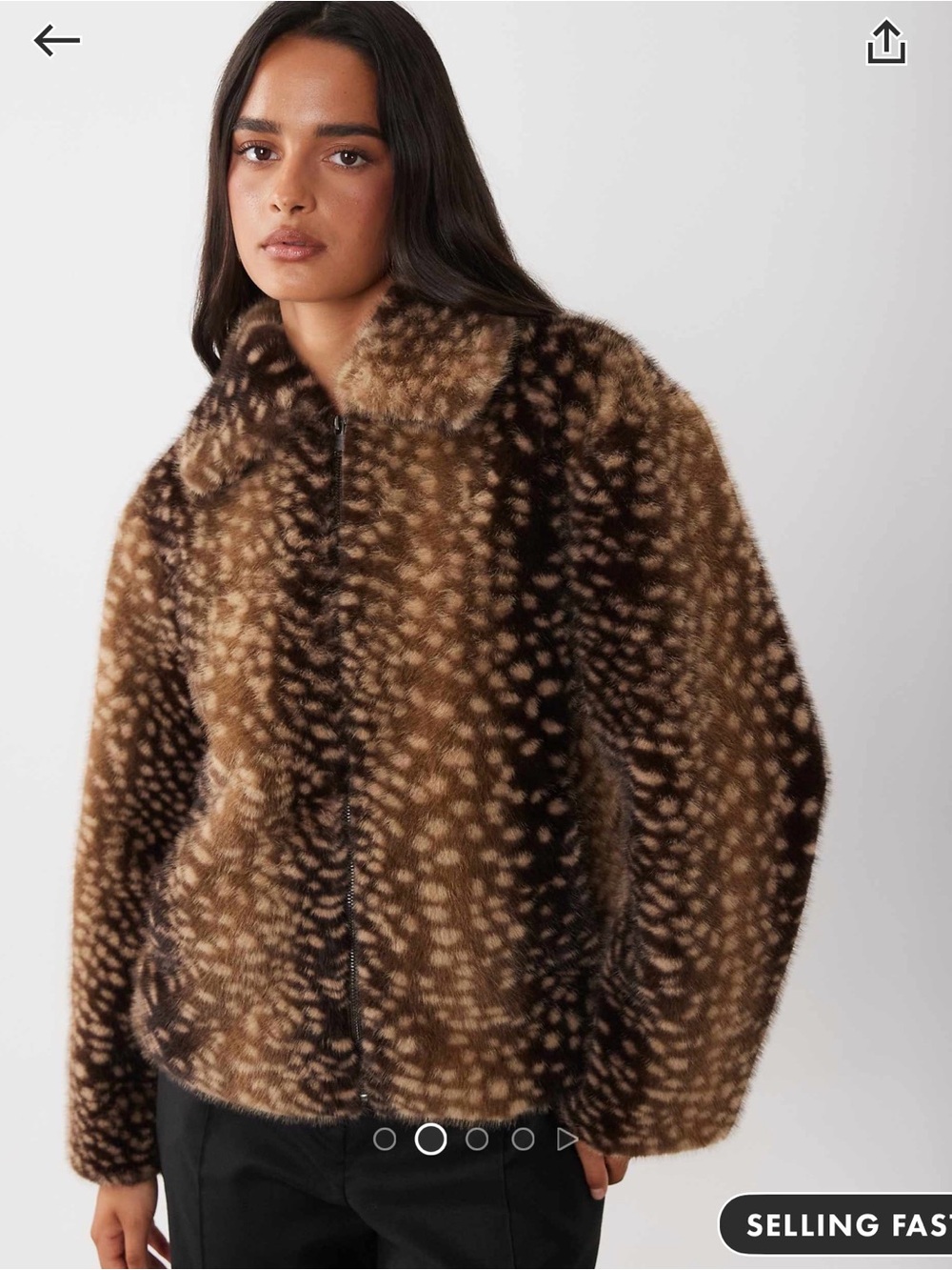 The frolic exclusive collared zip faux fur jacket in doe print